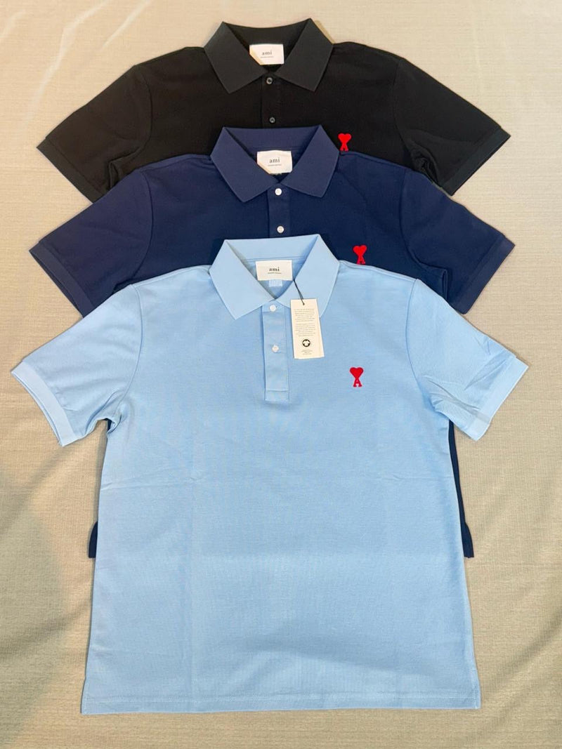 Ami Paris - Polo avec logo brodé Bleu Marine/Bleu Clair/Noir/Beige/Blanc/Vert/Bleu Océan