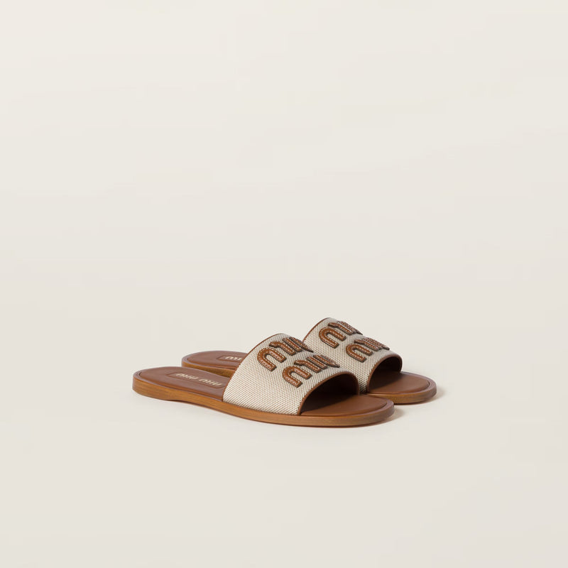 Miu Miu - Mules en toile et cuir Beige / Brandy