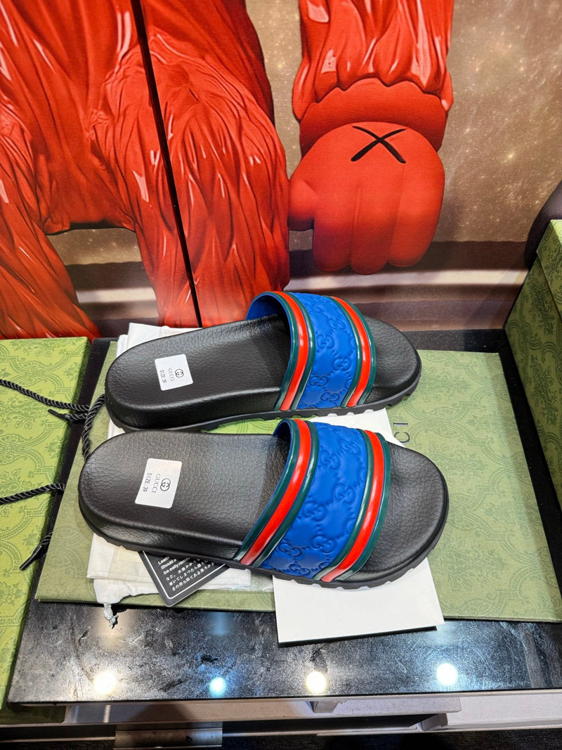 Gucci - Sandale Gucci Bleu Électrique avec Bandes Colorés Rouge/Vert