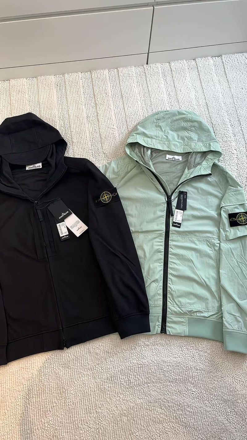 Stone Island - Veste zip à capuche Noir/Vert/Bleu Ciel