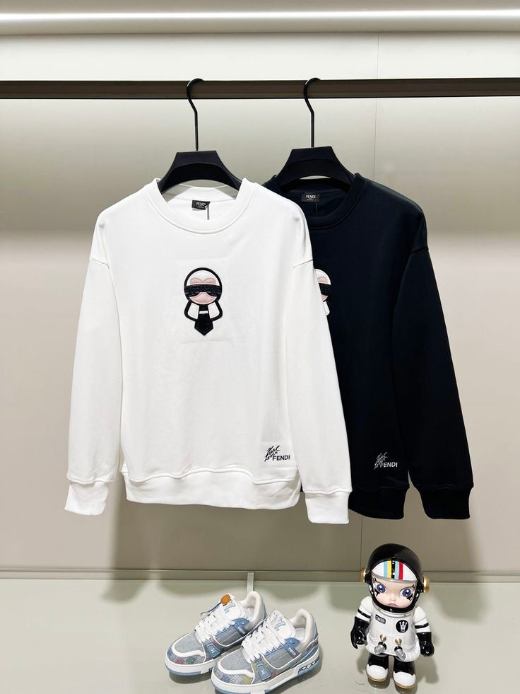 Fendi - Pull en coton avec motif et signature Fendi Blanc/Noir