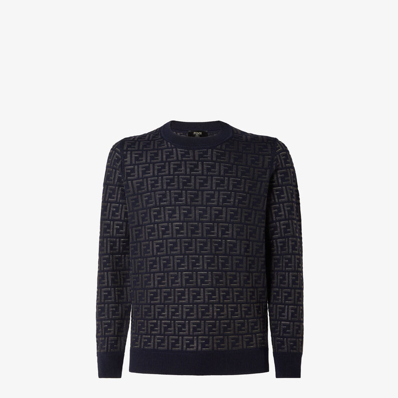 Fendi - Pull en laine et nylon FF Bleu Marine