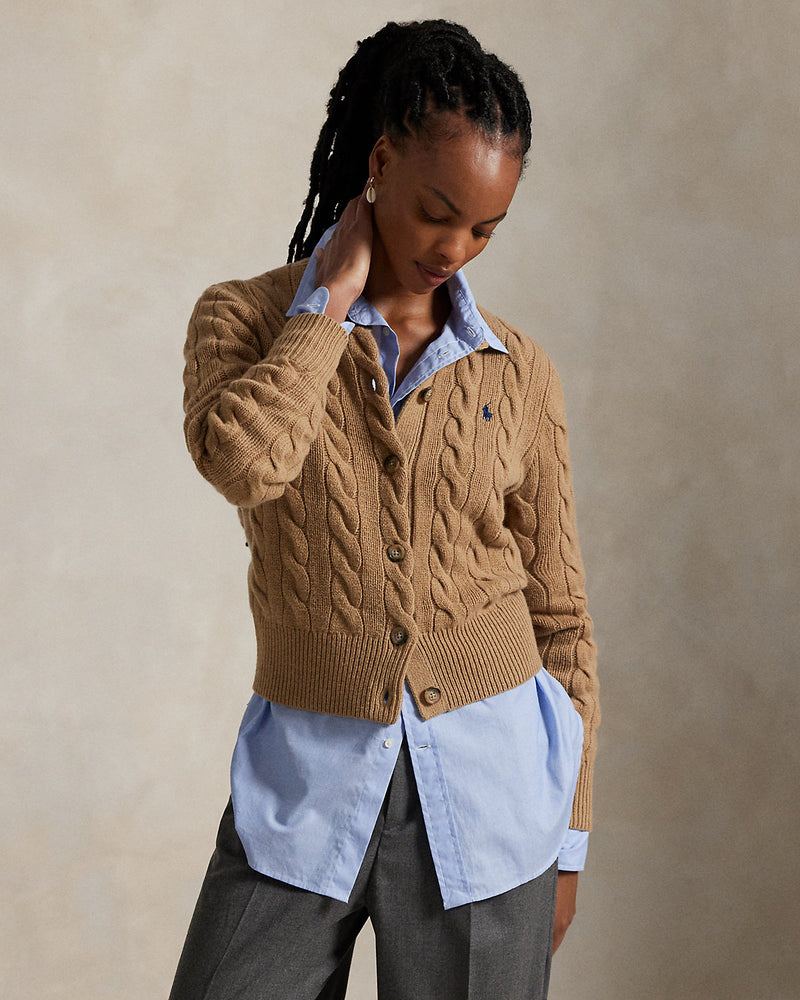 Ralph Lauren - Cardigan torsadé en laine et cachemire Mélange camel Collection