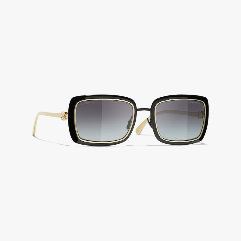 Chanel - Lunettes de soleil rectangles Noir & Or Verres Gris