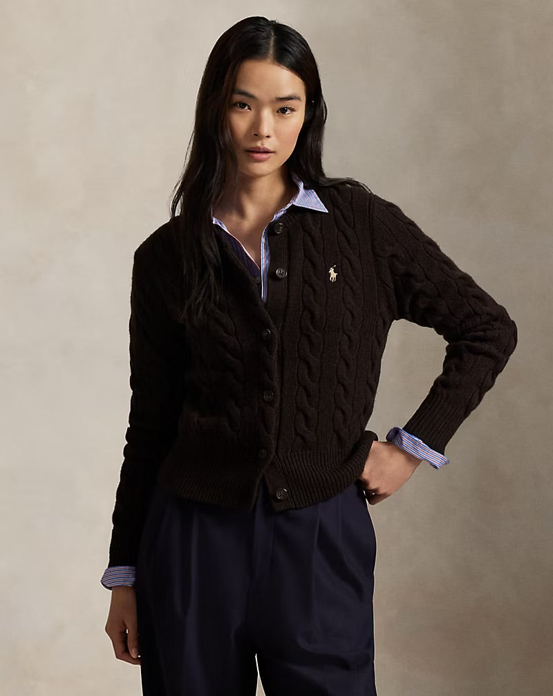 Ralph Lauren - Cardigan torsadé en laine et cachemire Mélange marron noyer