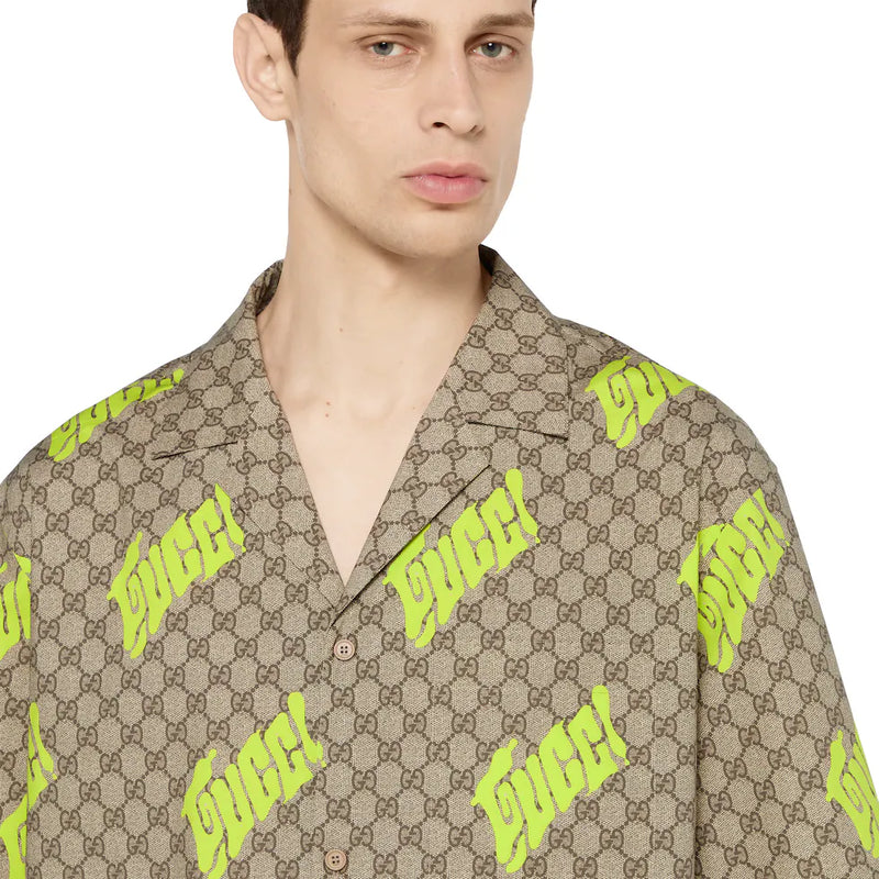 Gucci - Chemise de Bowling en twill de soie imprimé Beige/Marron/Vert clair