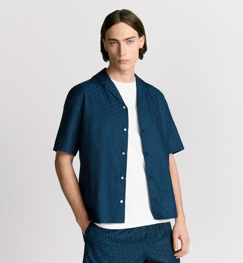 Dior - Chemise à manches courtes Dior Oblique Jacquard de soie et coton Bleu Marine