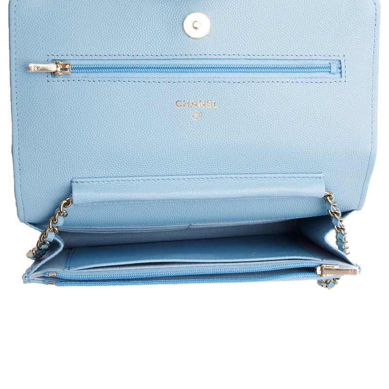 Chanel Turquoise Quilted Caviar Leather Classic Wallet on Chain w/ Box