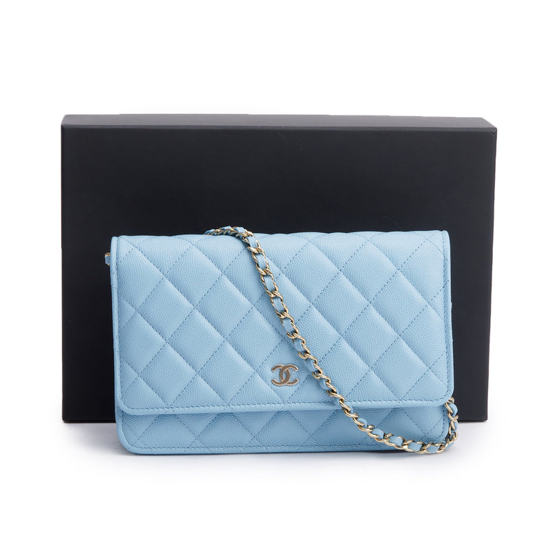 Chanel Turquoise Quilted Caviar Leather Classic Wallet on Chain w/ Box