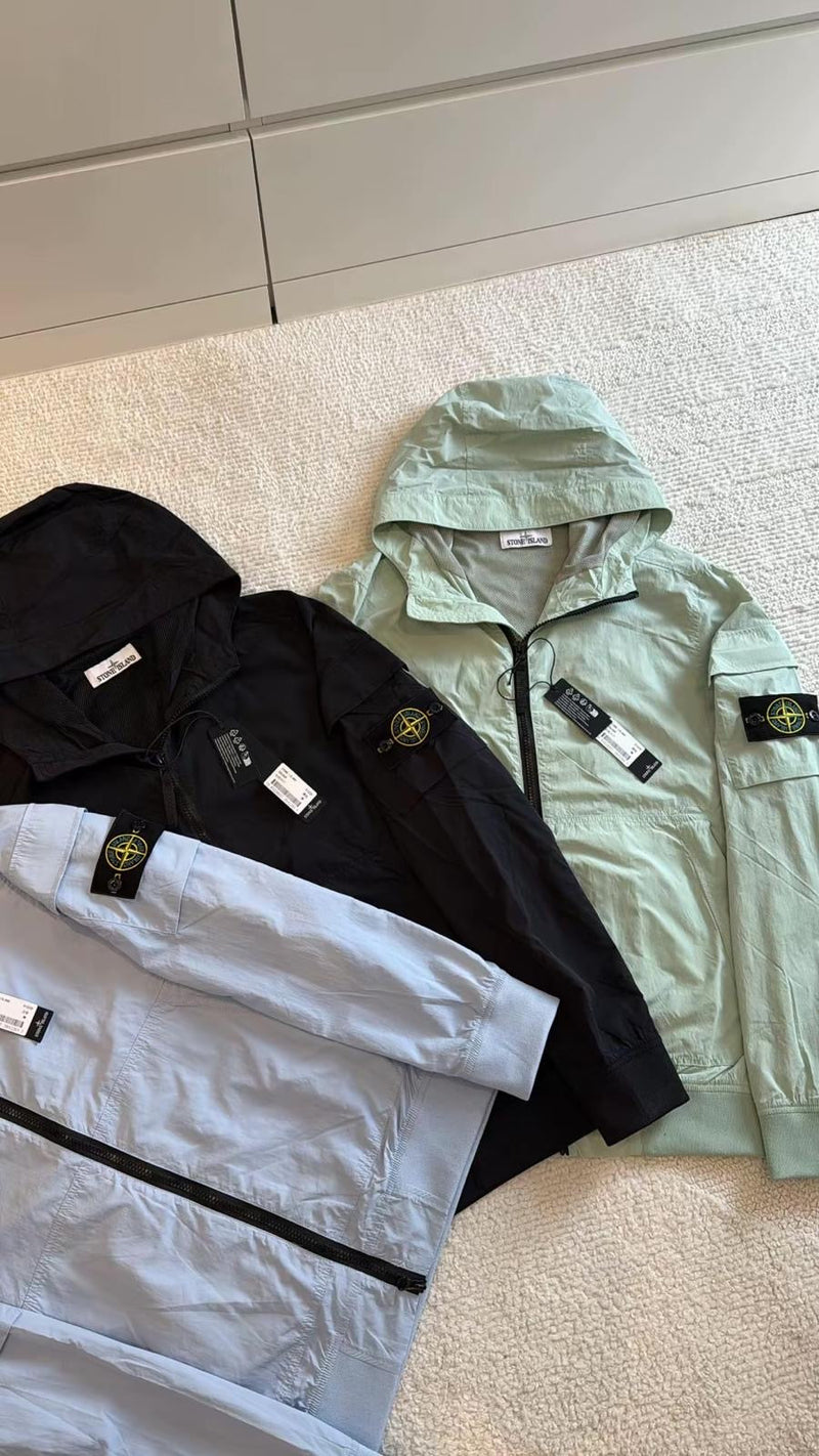 Stone Island - Veste zip à capuche Noir/Vert/Bleu Ciel