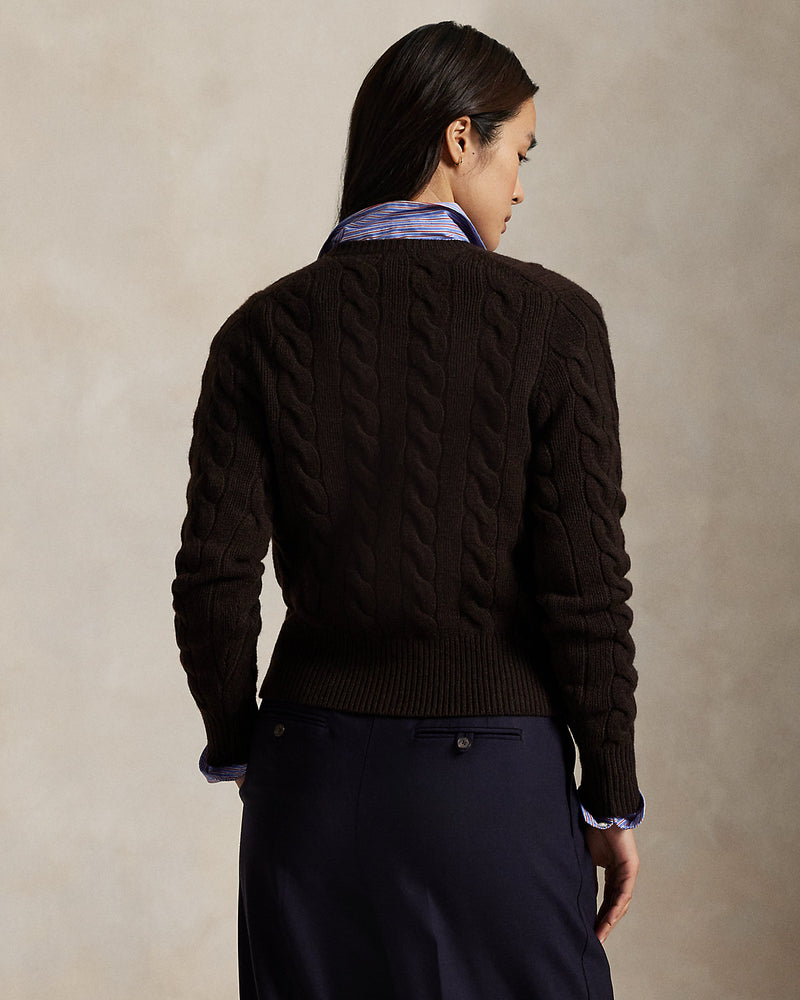 Ralph Lauren - Cardigan torsadé en laine et cachemire Mélange marron noyer