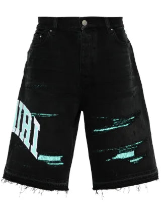 Amiri - Short en jean à logo brodé Noir/Bleu