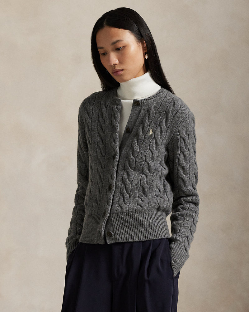Ralph Lauren - Cardigan torsadé en laine et cachemire Gris flanelle chiné