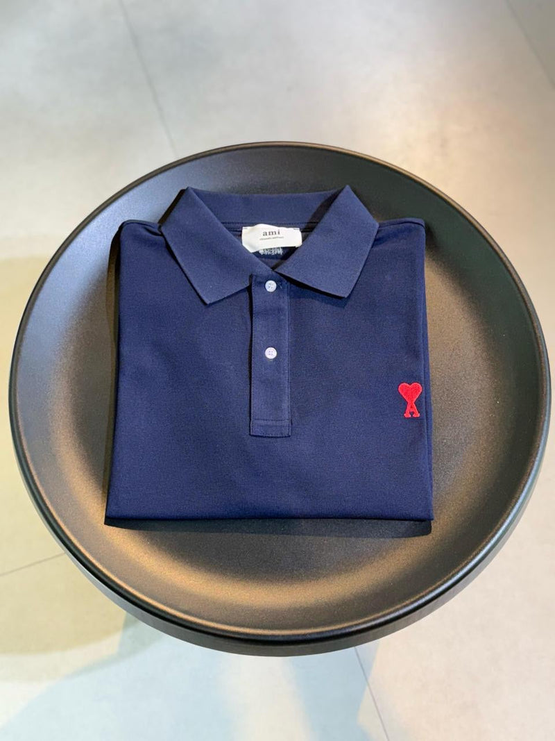 Ami Paris - Polo avec logo brodé Bleu Marine/Bleu Clair/Noir/Beige/Blanc/Vert/Bleu Océan