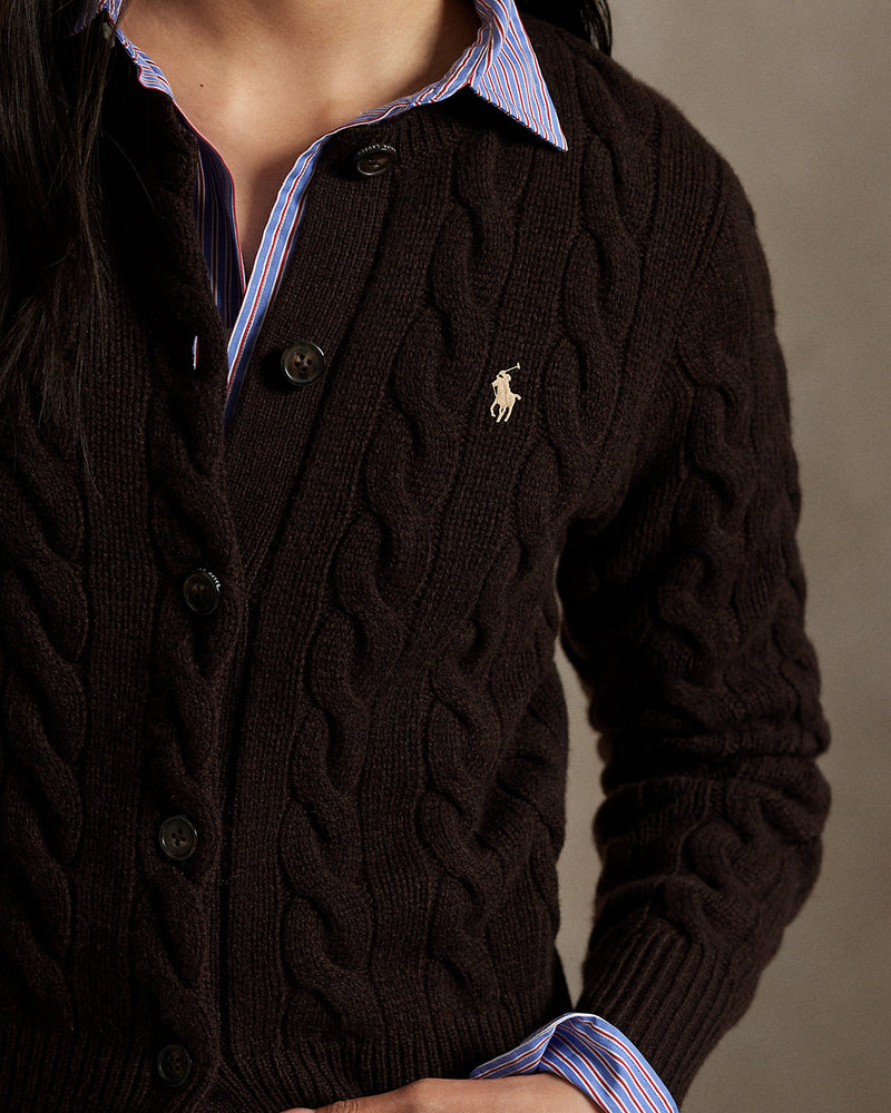 Ralph Lauren - Cardigan torsadé en laine et cachemire Mélange marron noyer
