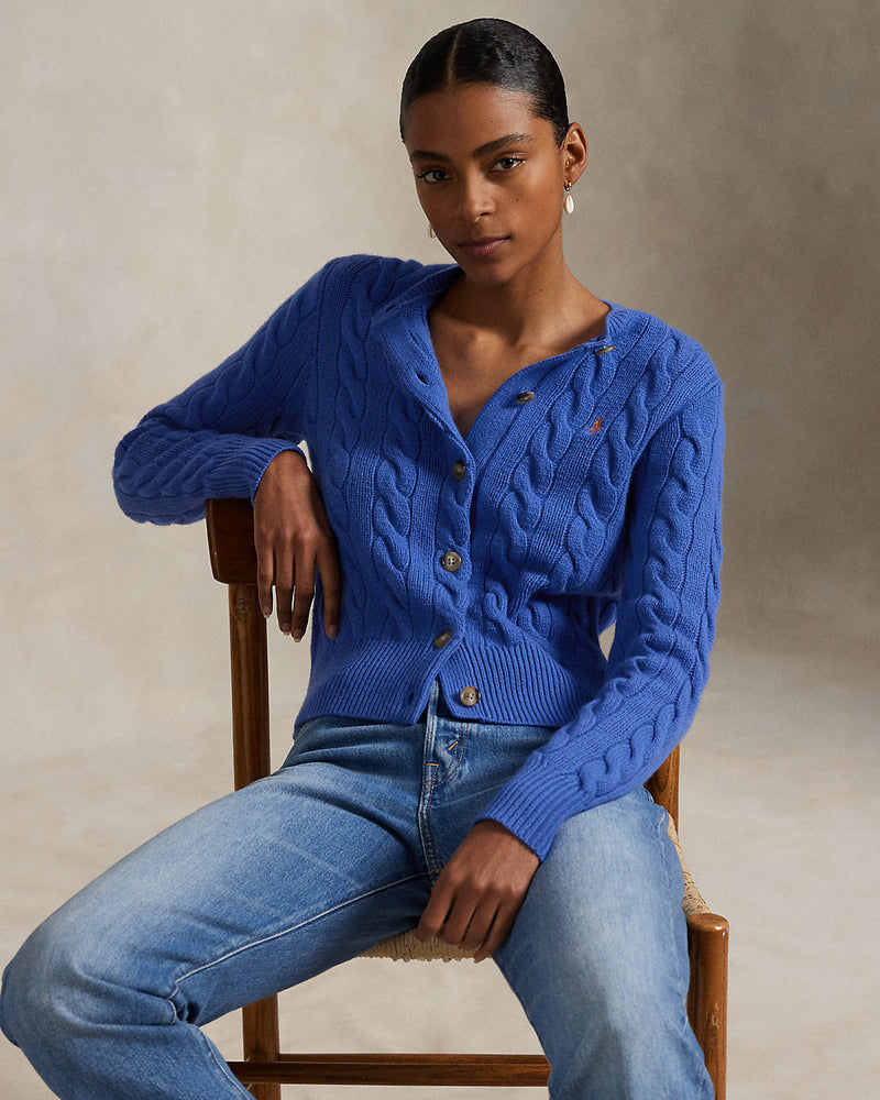 Ralph Lauren - Cardigan torsadé en laine et cachemire Bleu Lapis
