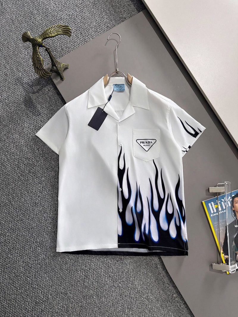 Prada - Chemise en soie Prada Flammes Stylisées Blanc