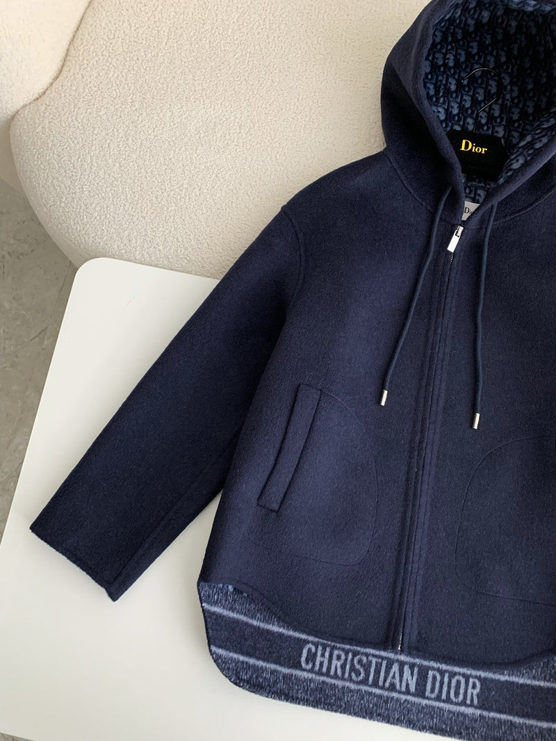 Dior - Veste zip à capuche en laine monogramme Jacquard Bleu Marine F