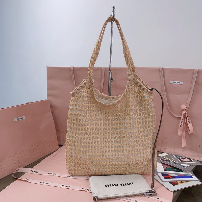 Miumiu - IVY raffia-effect and linen bag