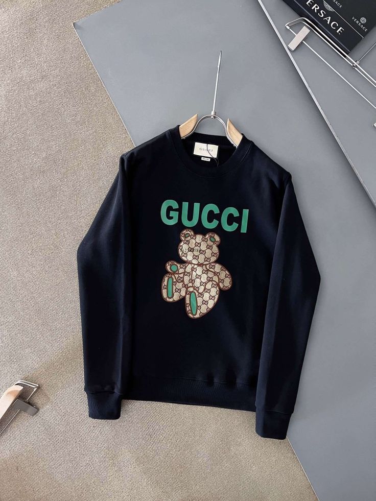 Gucci - Pull en coton logo Gucci Ours Vert Noir