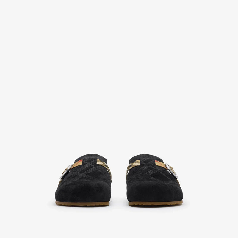 Burberry - Sabots Urchin en cuir velours Check Noir