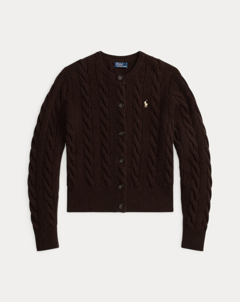 Ralph Lauren - Cardigan torsadé en laine et cachemire Mélange marron noyer