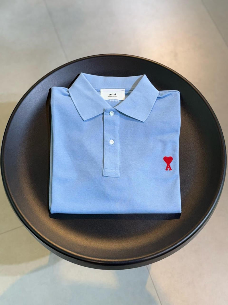 Ami Paris - Polo avec logo brodé Bleu Marine/Bleu Clair/Noir/Beige/Blanc/Vert/Bleu Océan