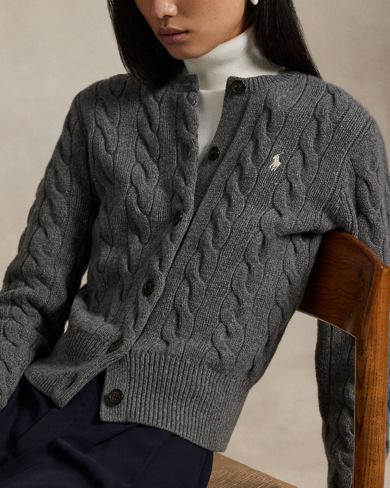 Ralph Lauren - Cardigan torsadé en laine et cachemire Gris flanelle chiné