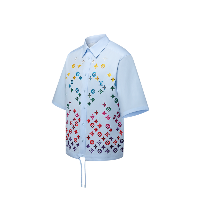 Louis Vuitton - Chemise manches courtes brodée fleur de Monogram Bleu Ciel