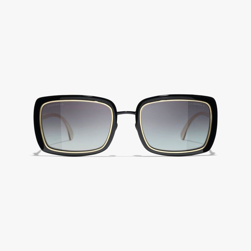 Chanel - Lunettes de soleil rectangles Noir & Or Verres Gris