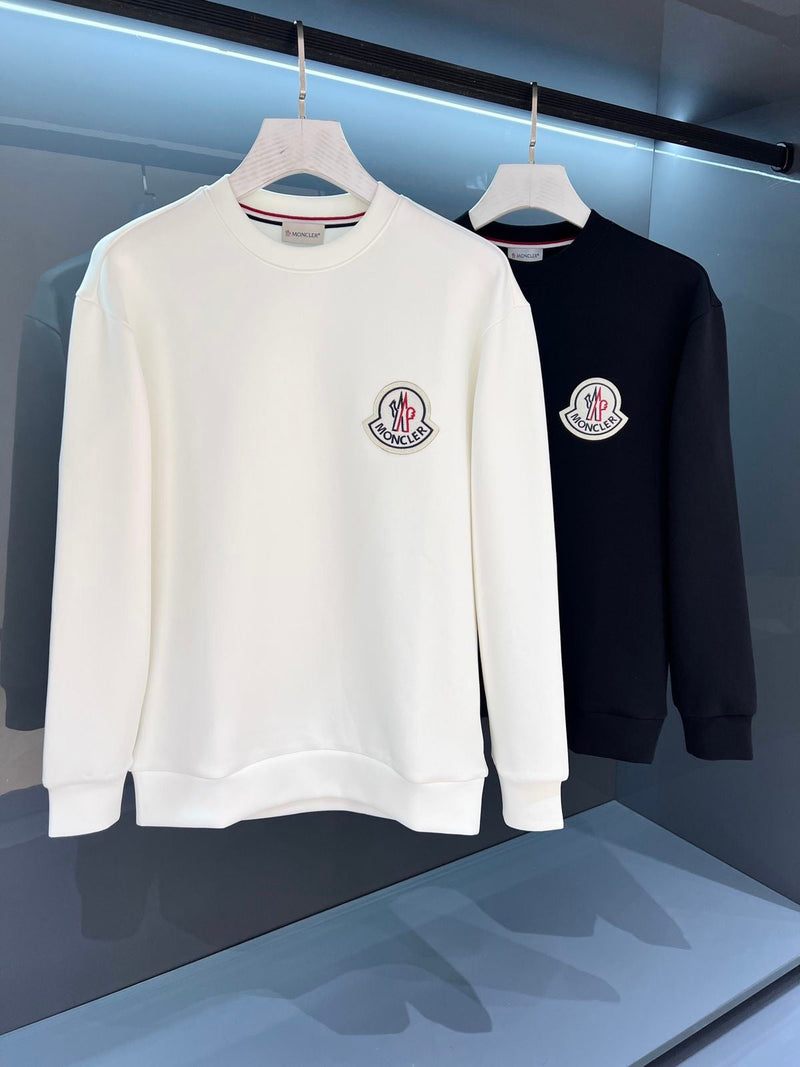 Moncler - Pull en coton logo Moncler Blanc/Bleu Marine