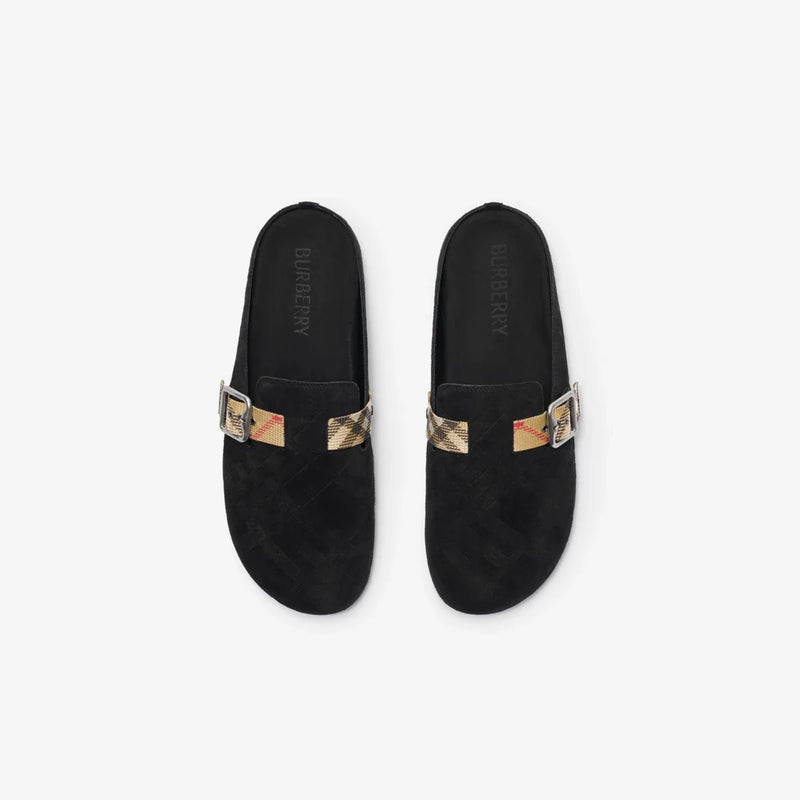 Burberry - Sabots Urchin en cuir velours Check Noir