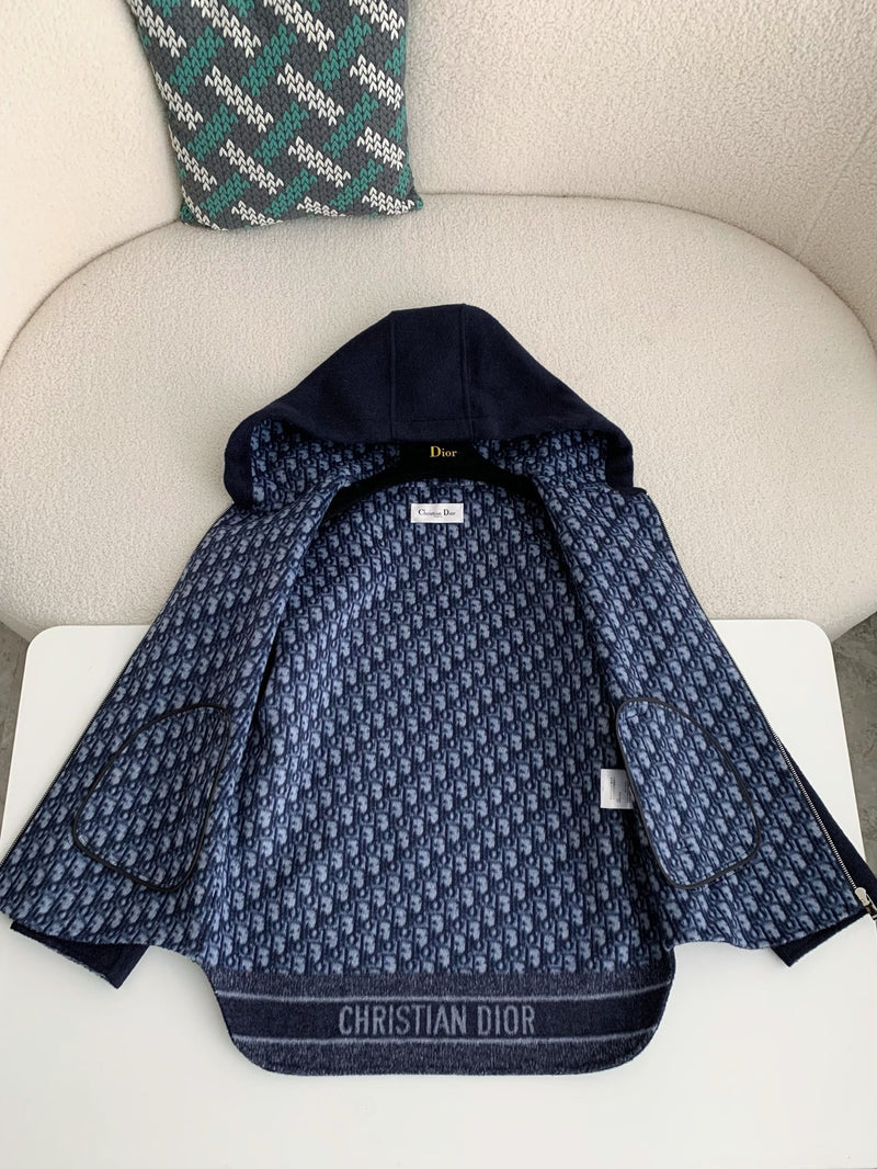 Dior - Veste zip à capuche en laine monogramme Jacquard Bleu Marine F