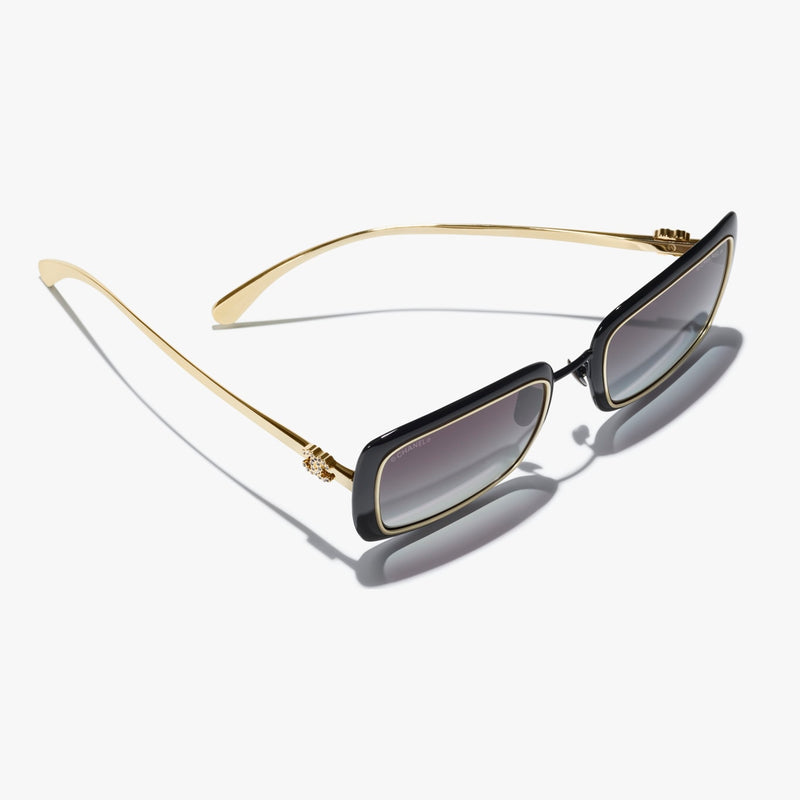 Chanel - Lunettes de soleil rectangles Noir & Or Verres Gris