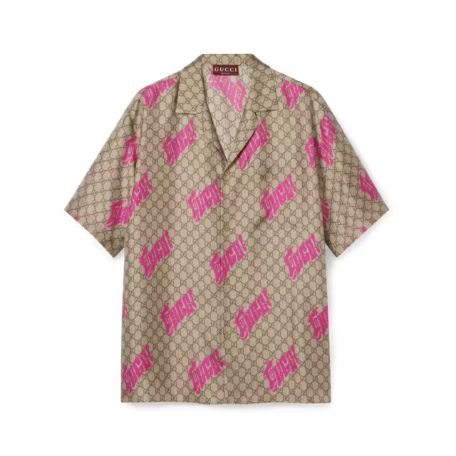 Gucci - Chemise de Bowling en twill de soie imprimé Beige/Marron/Fuchsia