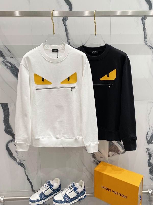 Fendi - Pull en coton Oeil de chat et zip Blanc/Noir