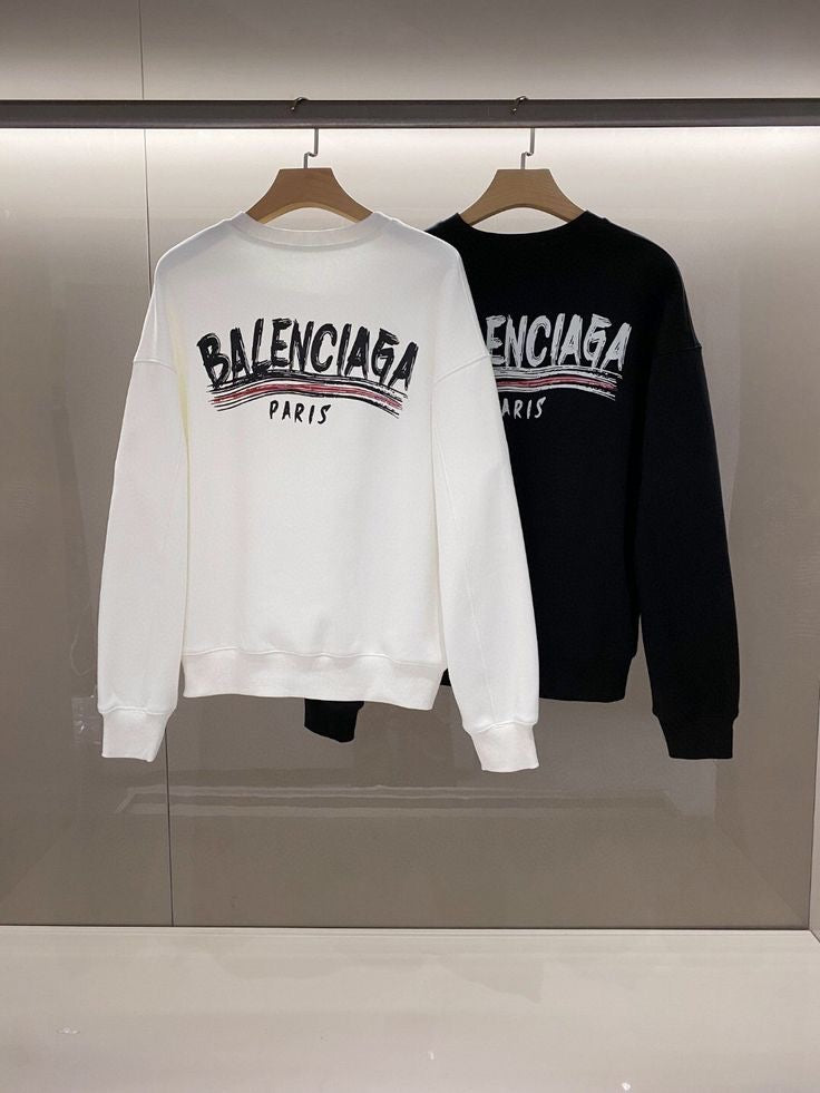 Balenciaga - Pull en coton à motif Balenciaga à l’avant et au dos Blanc/Noir