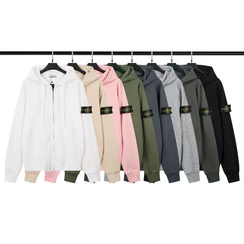 Stone Island - Sweat zip à capuche avec patch Blanc/Beige/Rose/Kaki/Bleu/Gris Clair/Gris Foncée/Noir