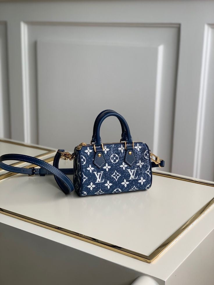 Louis Vuitton - Sac Speedy Bandoulière 20 Denim Bleu Marine Blanc