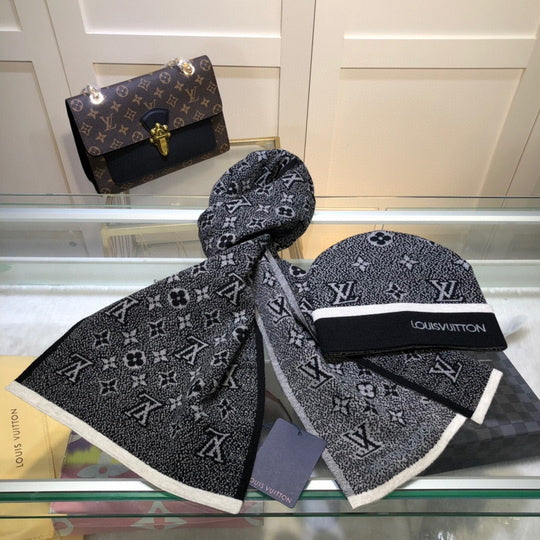 Louis Vuitton - Bonnet + écharpe Lv noir/gris