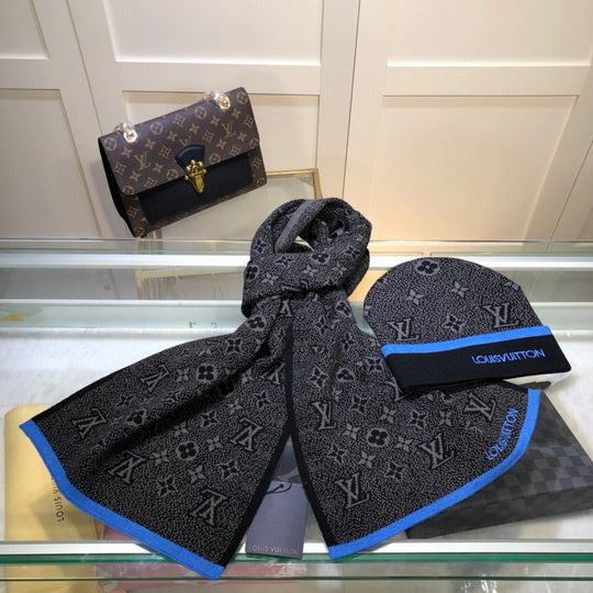 Louis Vuitton - Bonnet + écharpe Lv noir/bleu
