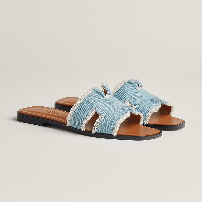 Hermès - Sandales Oran Bleu Clair en Denim effrangé