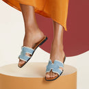 Hermès - Sandales Oran Bleu Clair en Denim effrangé