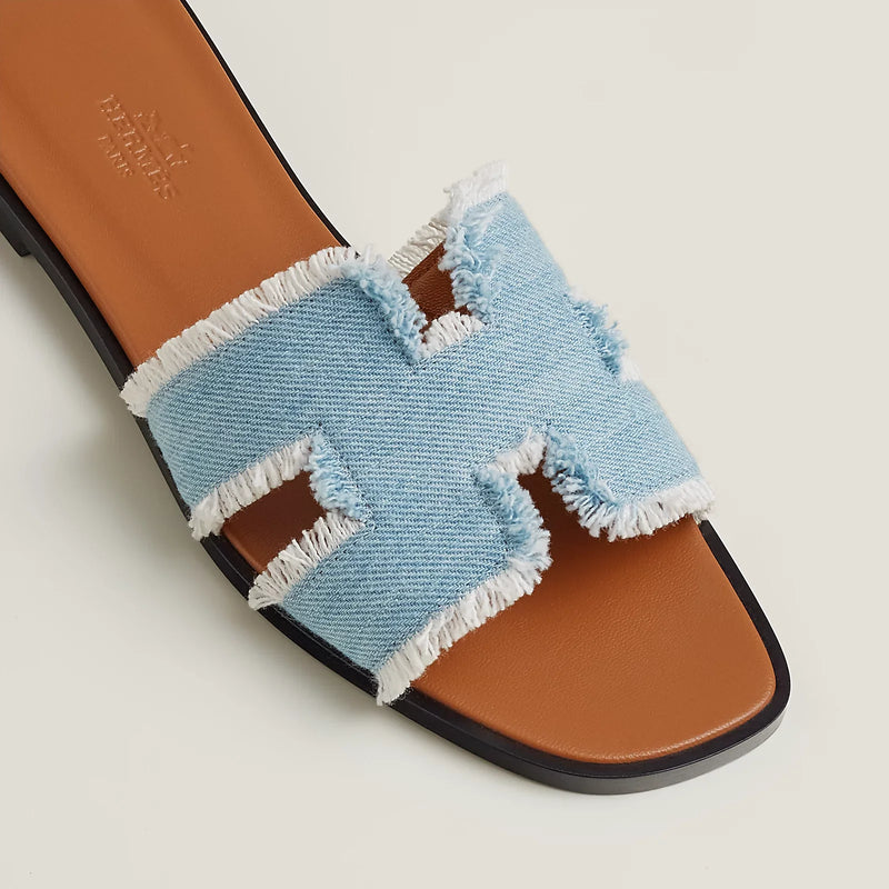 Hermès - Sandales Oran Bleu Clair en Denim effrangé