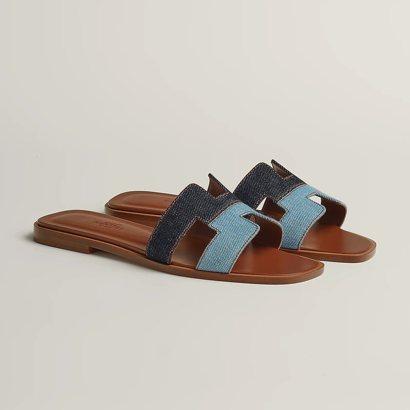 Hermès - Sandales Oran Bleu Brut / Bleu Clair en Denim