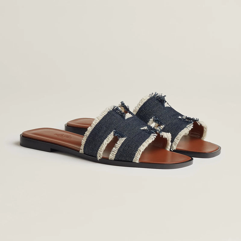 Hermès - Sandales Oran Bleu Brut en Denim effrangé