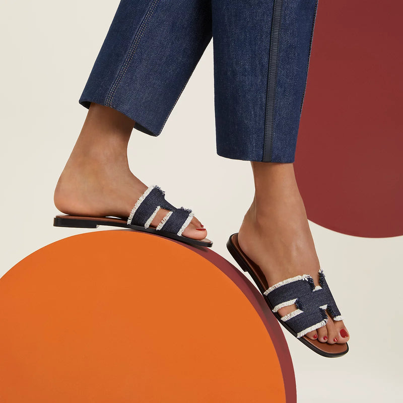 Hermès - Sandales Oran Bleu Brut en Denim effrangé