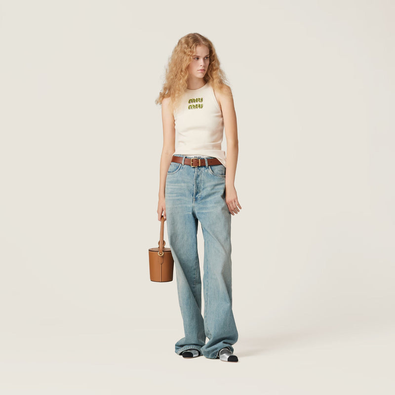 Miu Miu - Top en Jersey avec logo brodé Beige / Vert Fougère