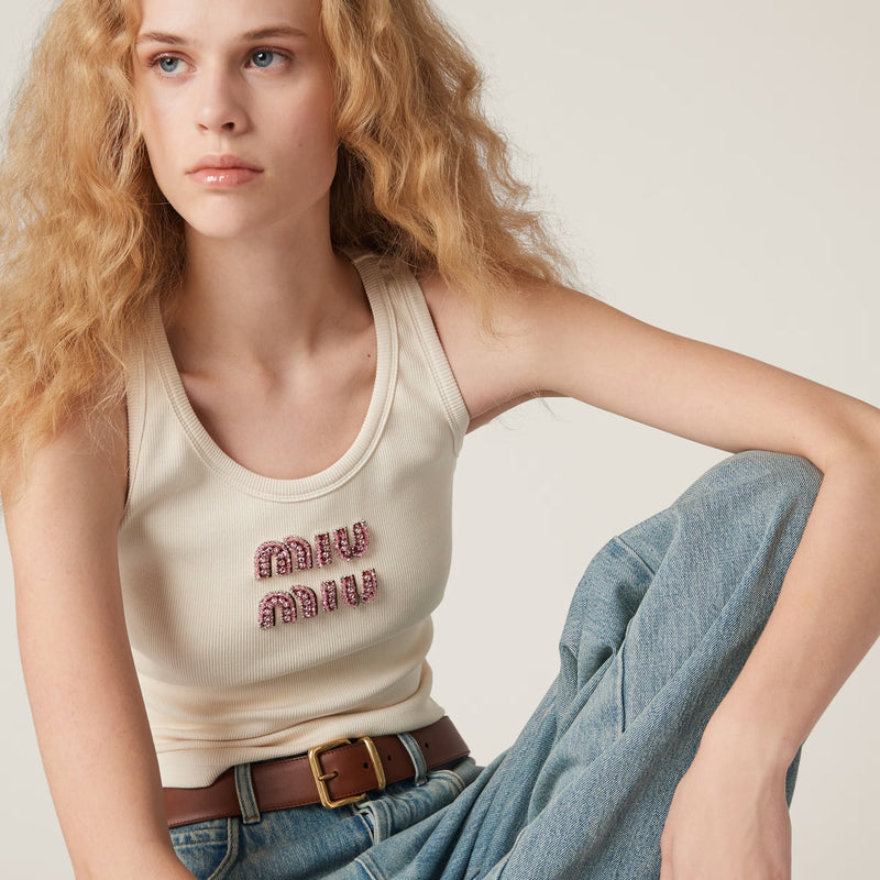 Miu Miu - Top en Jersey avec logo brodé Beige / Rose