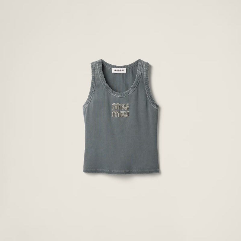 Miu Miu - Top en jersey côtelé brodé Gris